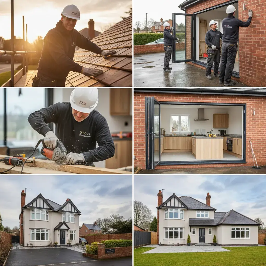 Premium professional photography for 5 Star Home Improvement: local UK team at work. cinematic, ultra detailed, 4k
