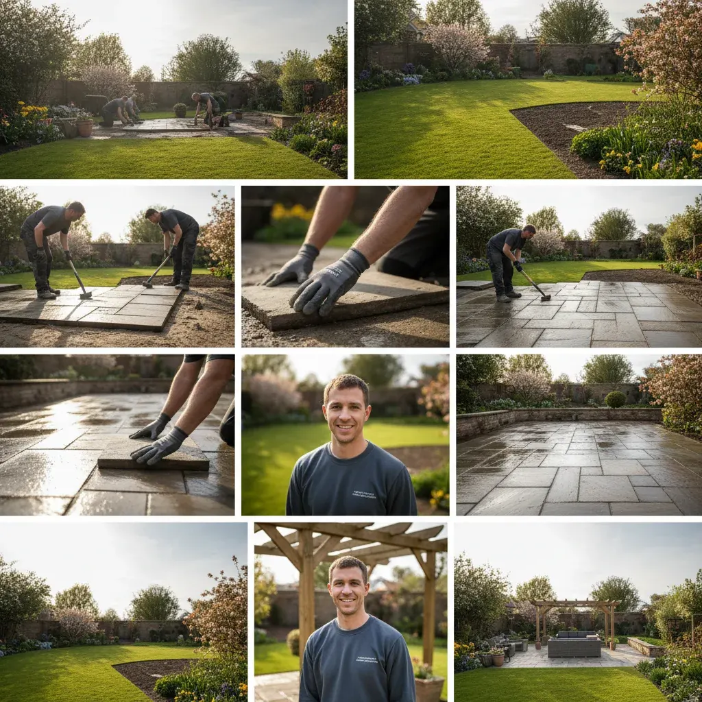Premium professional photography for 5 Star Home Improvement: patio laying spring UK garden landscaping. cinematic, ultra detailed, 4k