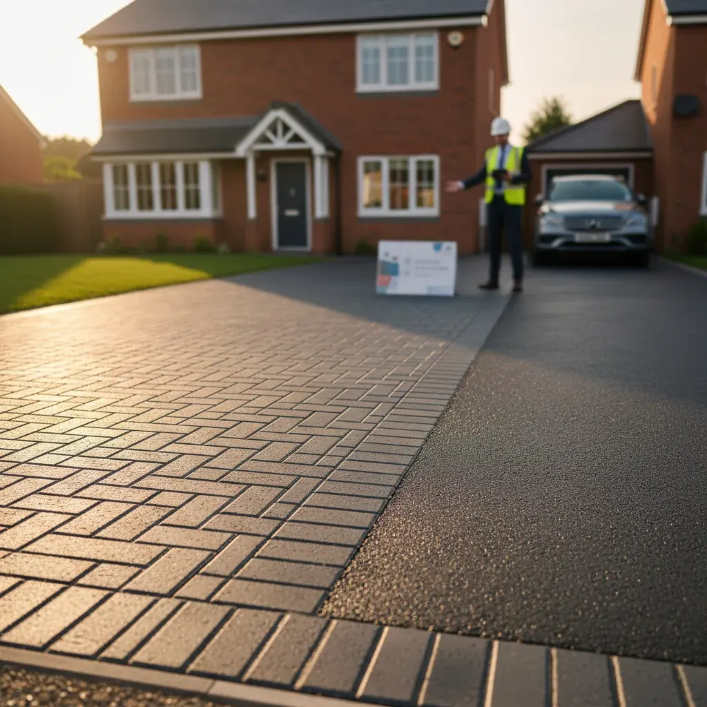 Premium professional photography for 5 Star Home Improvement: driveway cost comparison block paving tarmac UK. cinematic, ultra detailed, 4k