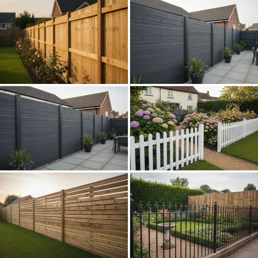 Premium professional photography for 5 Star Home Improvement: garden fencing types UK residential comparison. cinematic, ultra detailed, 4k