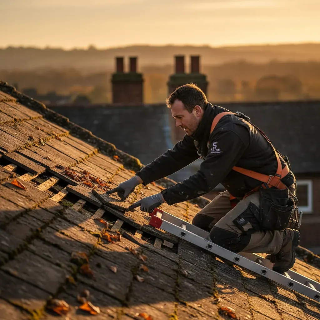 Premium professional photography for 5 Star Home Improvement: damaged roof tiles autumn UK inspection. cinematic, ultra detailed, 4k