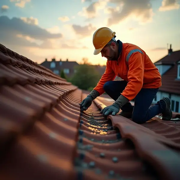 Premium professional photography for 5 Star Home Improvement: roofer repairing broken roof tiles UK. cinematic, ultra detailed, 4k