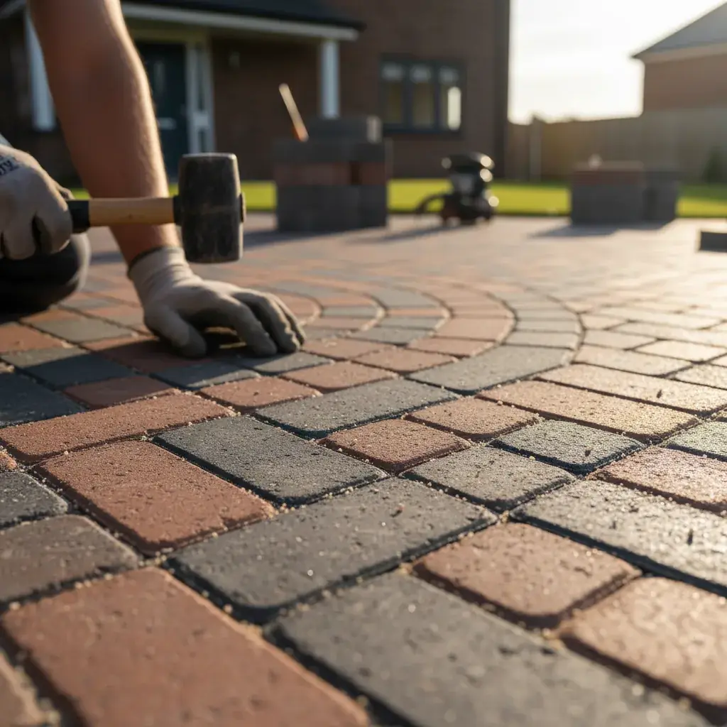 Premium professional photography for 5 Star Home Improvement: block paving workmanship close-up detail, professional photography, high resolution, no text, no watermarks. cinematic, ultra detailed, 4k
