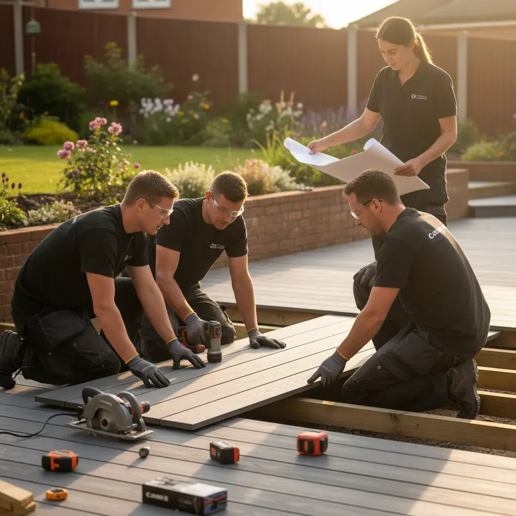 Premium professional photography for 5 Star Home Improvement: composite decking installation UK back garden. cinematic, ultra detailed, 4k