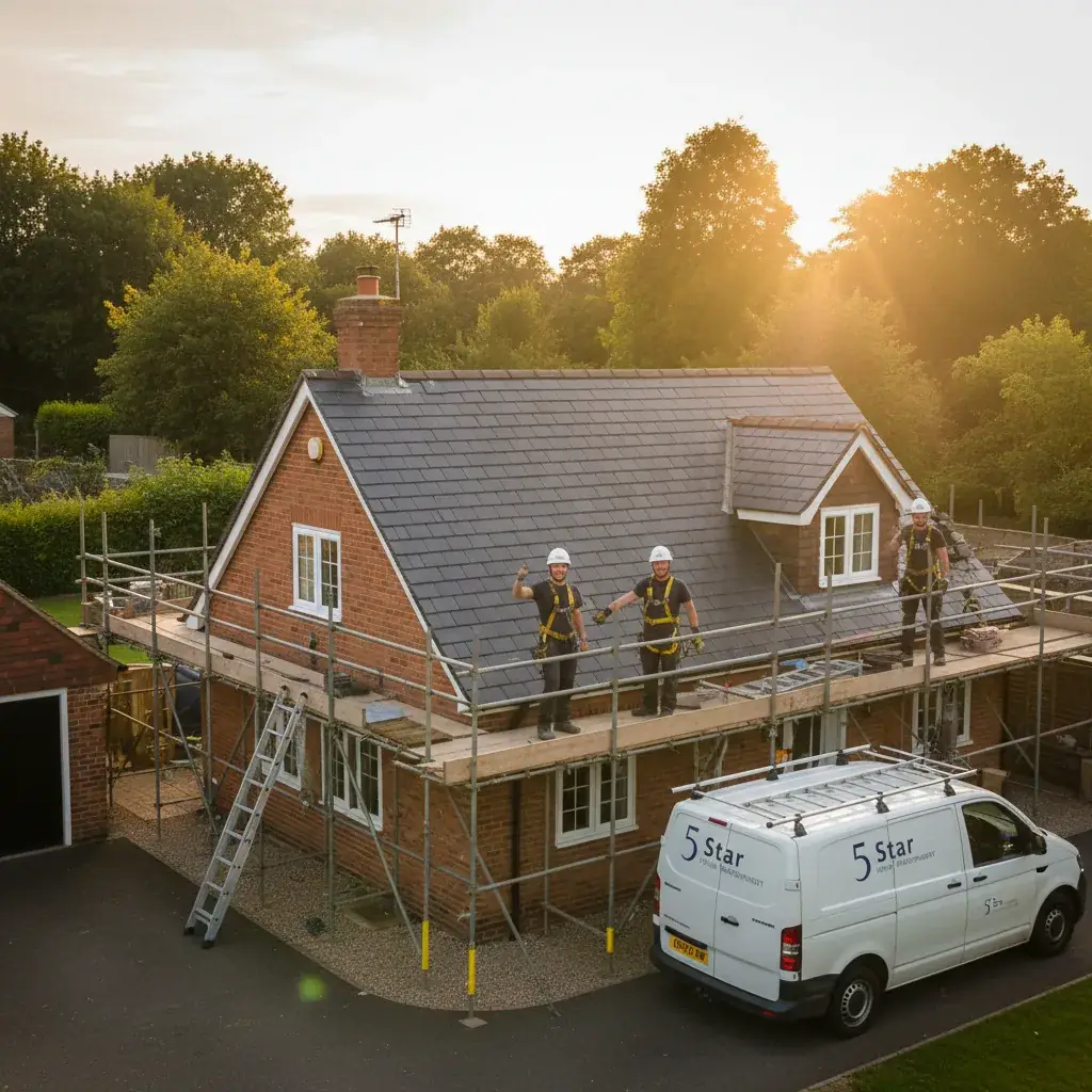 Premium professional photography for 5 Star Home Improvement: emergency roofing project completed UK home, professional photography, high resolution, no text, no watermarks. cinematic, ultra detailed, 4k