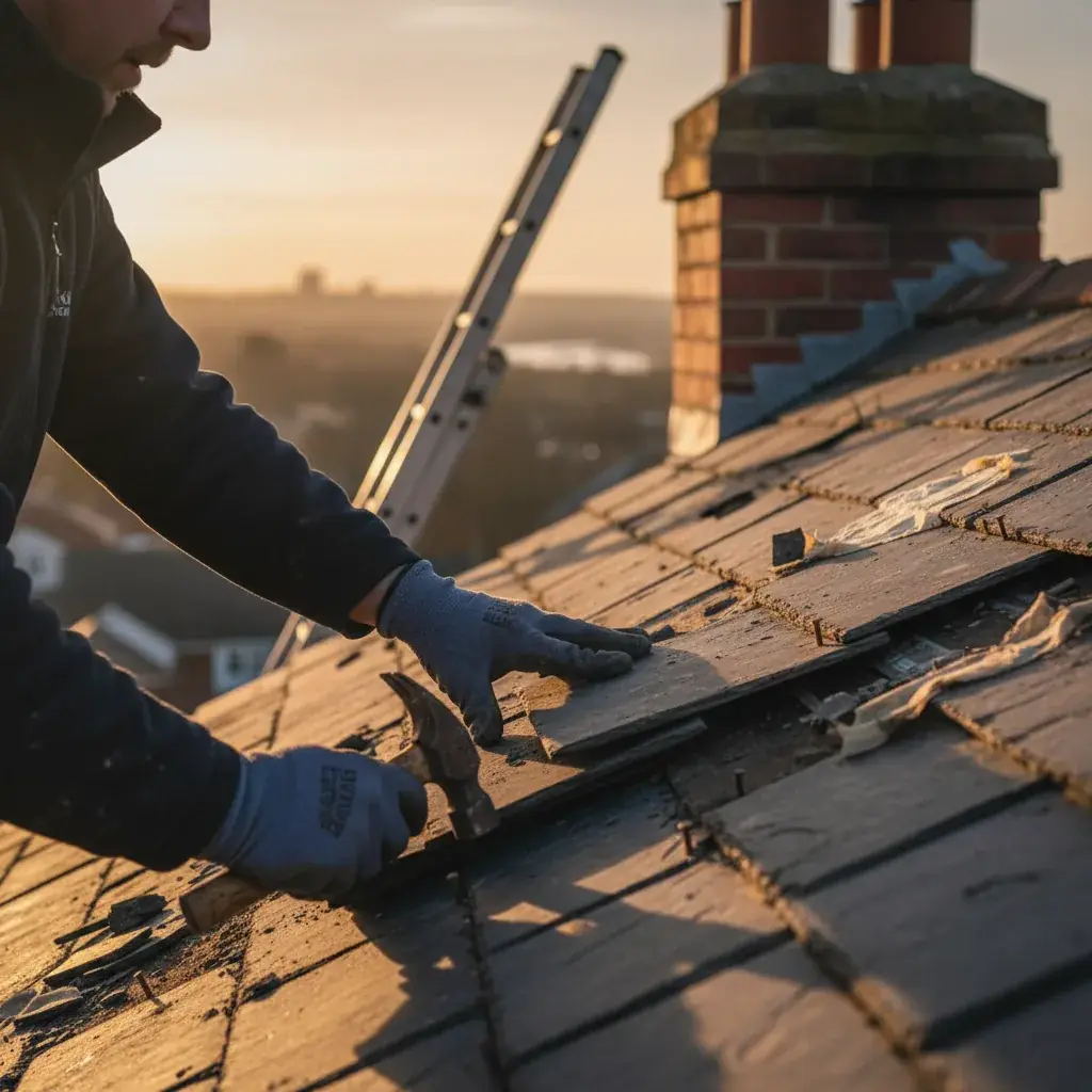 Premium professional photography for 5 Star Home Improvement: emergency roofing workmanship close-up detail, professional photography, high resolution, no text, no watermarks. cinematic, ultra detailed, 4k