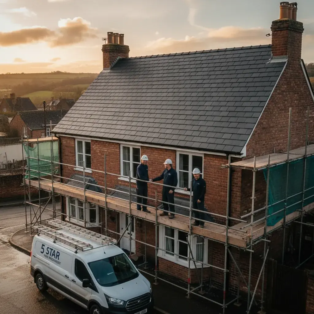 Premium professional photography for 5 Star Home Improvement: emergency roofing finished installation UK property, professional photography, high resolution, no text, no watermarks. cinematic, ultra detailed, 4k