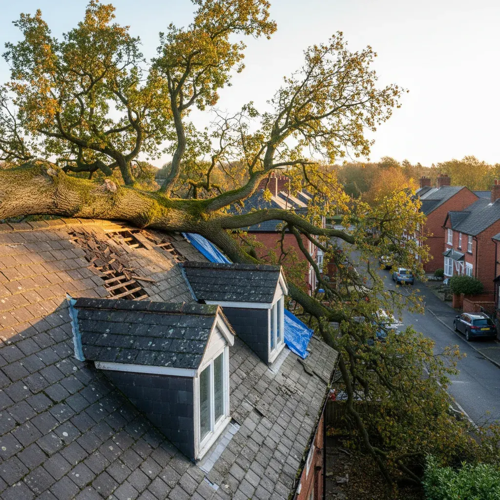 A uk roof with a tree that's fallen on top of it