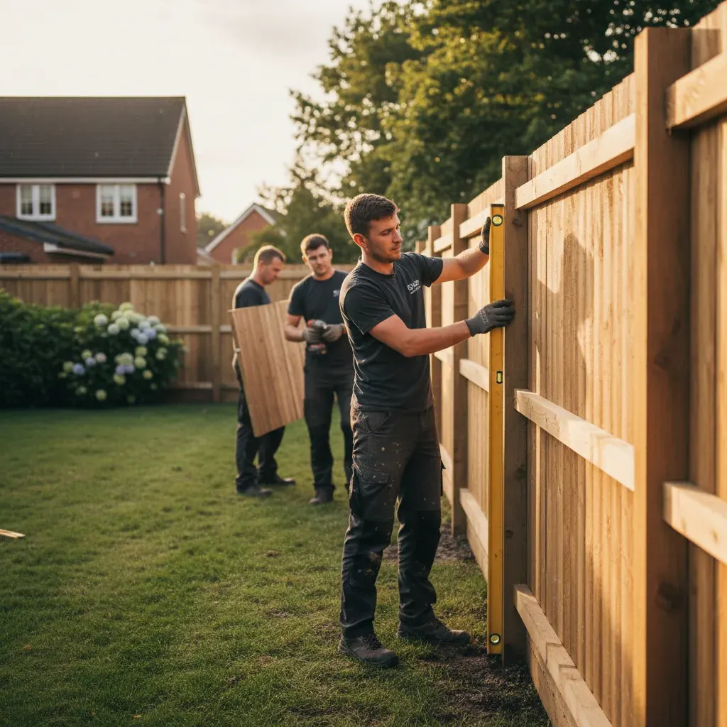 Premium professional photography for 5 Star Home Improvement: closeboard timber fencing installation UK garden. cinematic, ultra detailed, 4k