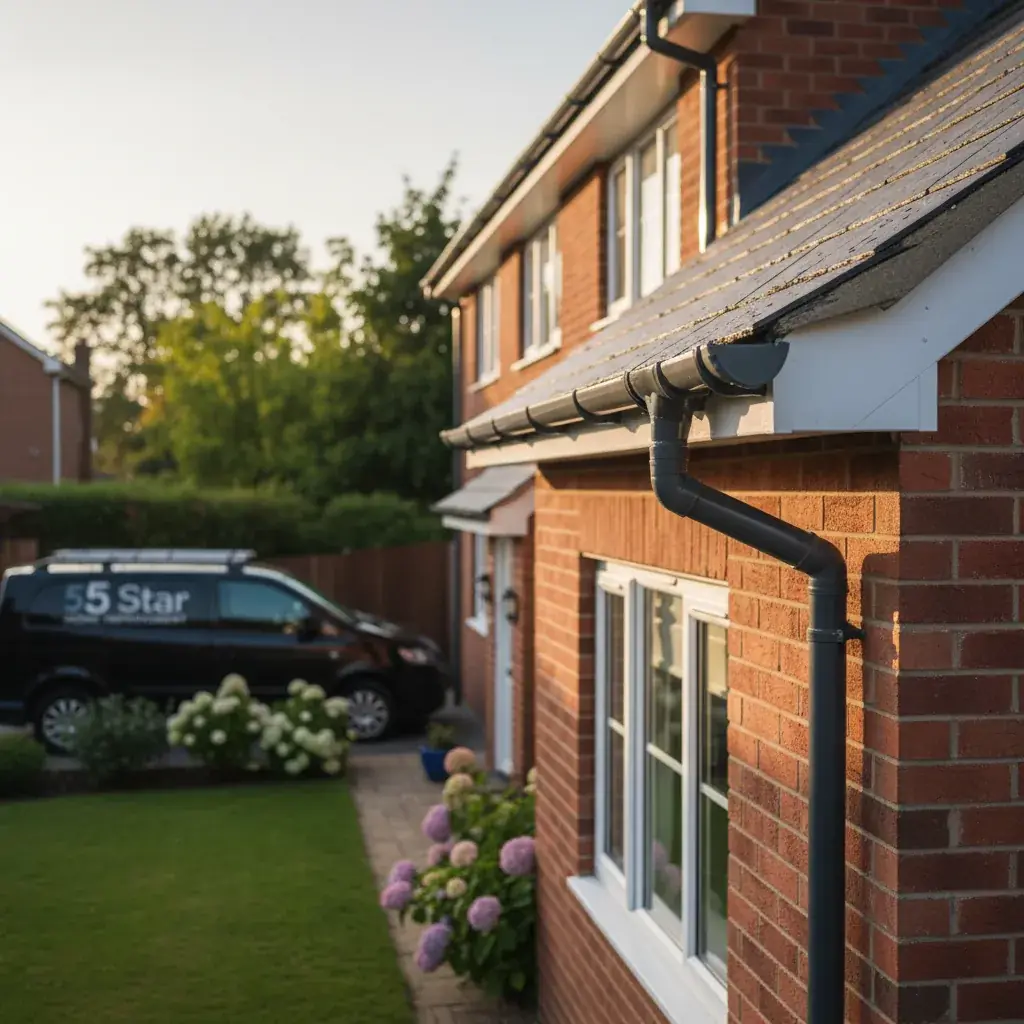Premium professional photography for 5 Star Home Improvement: guttering finished installation UK property, professional photography, high resolution, no text, no watermarks. cinematic, ultra detailed, 4k