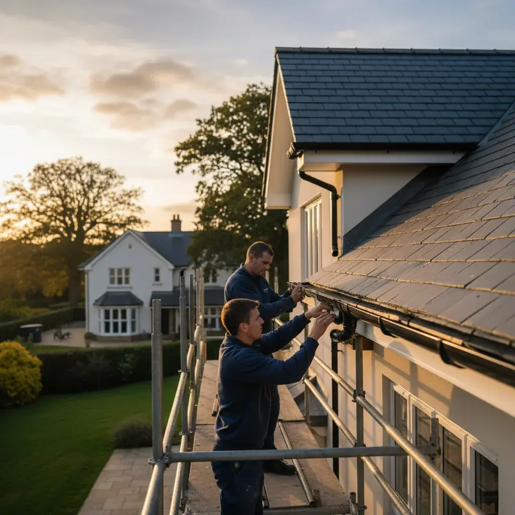 Premium professional photography for 5 Star Home Improvement: guttering quality finish residential UK, professional photography, high resolution, no text, no watermarks. cinematic, ultra detailed, 4k