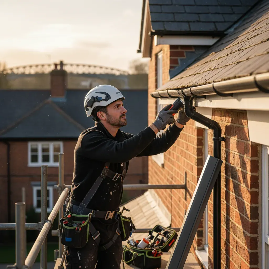Premium professional photography for 5 Star Home Improvement: guttering repair replacement UK house. cinematic, ultra detailed, 4k