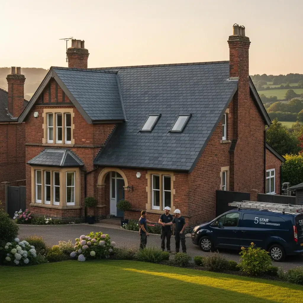 Premium professional photography for 5 Star Home Improvement: roof installation finished installation UK property, professional photography, high resolution, no text, no watermarks. cinematic, ultra detailed, 4k