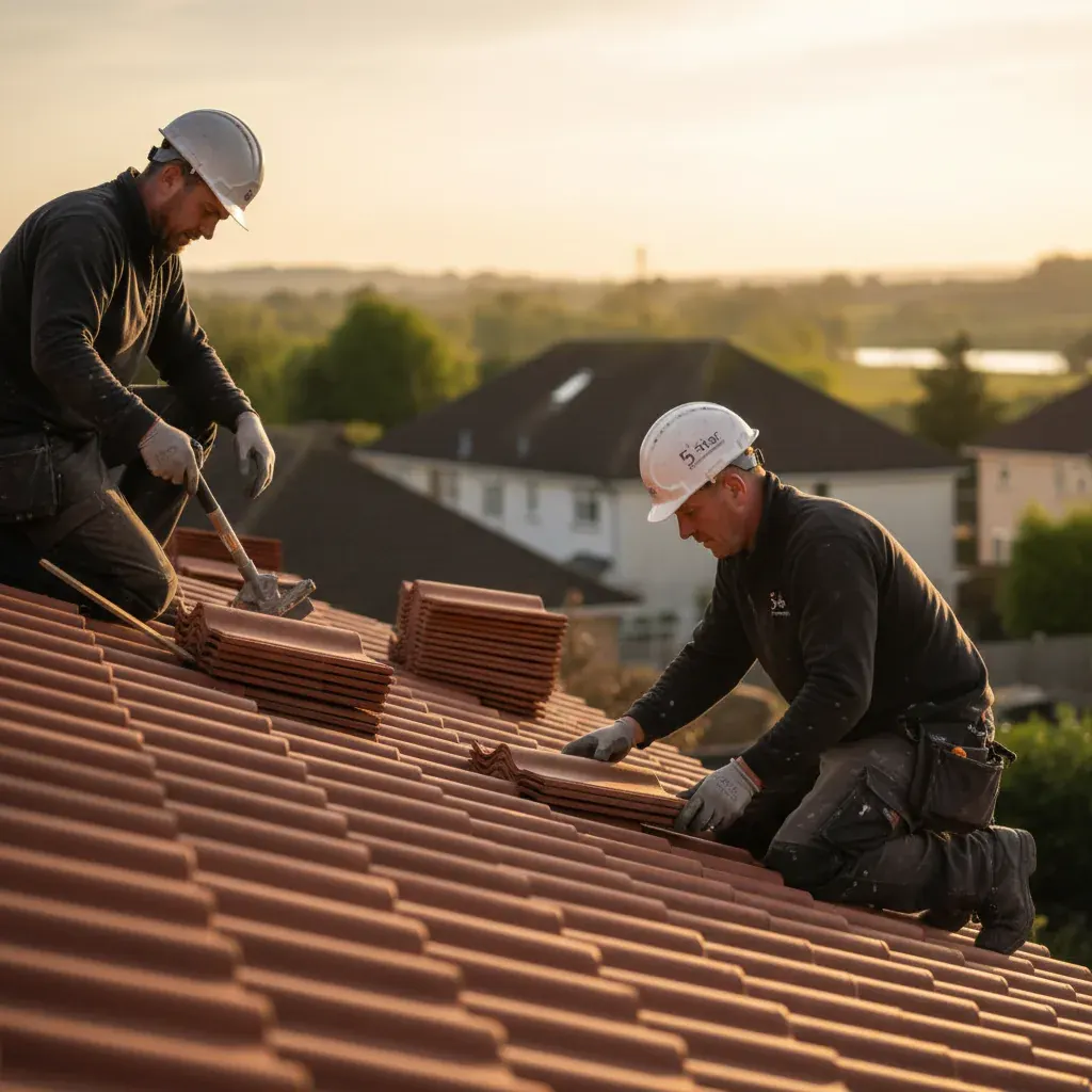Premium professional photography for 5 Star Home Improvement: new roof installation UK residential tiles. cinematic, ultra detailed, 4k