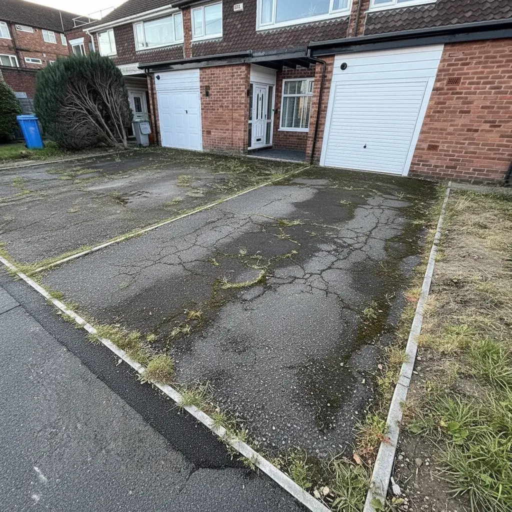 Worn tarmac driveway with weeds outside Burton upon Trent properties