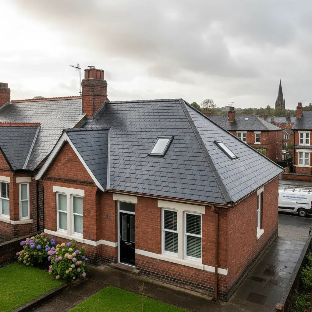 Red brick bungalow with slate roof in Burton upon Trent