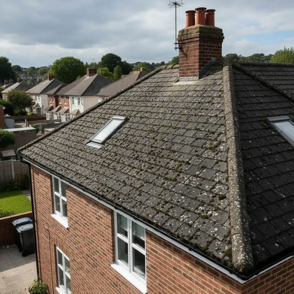 Moss covered roof of brick house in Burton upon Trent