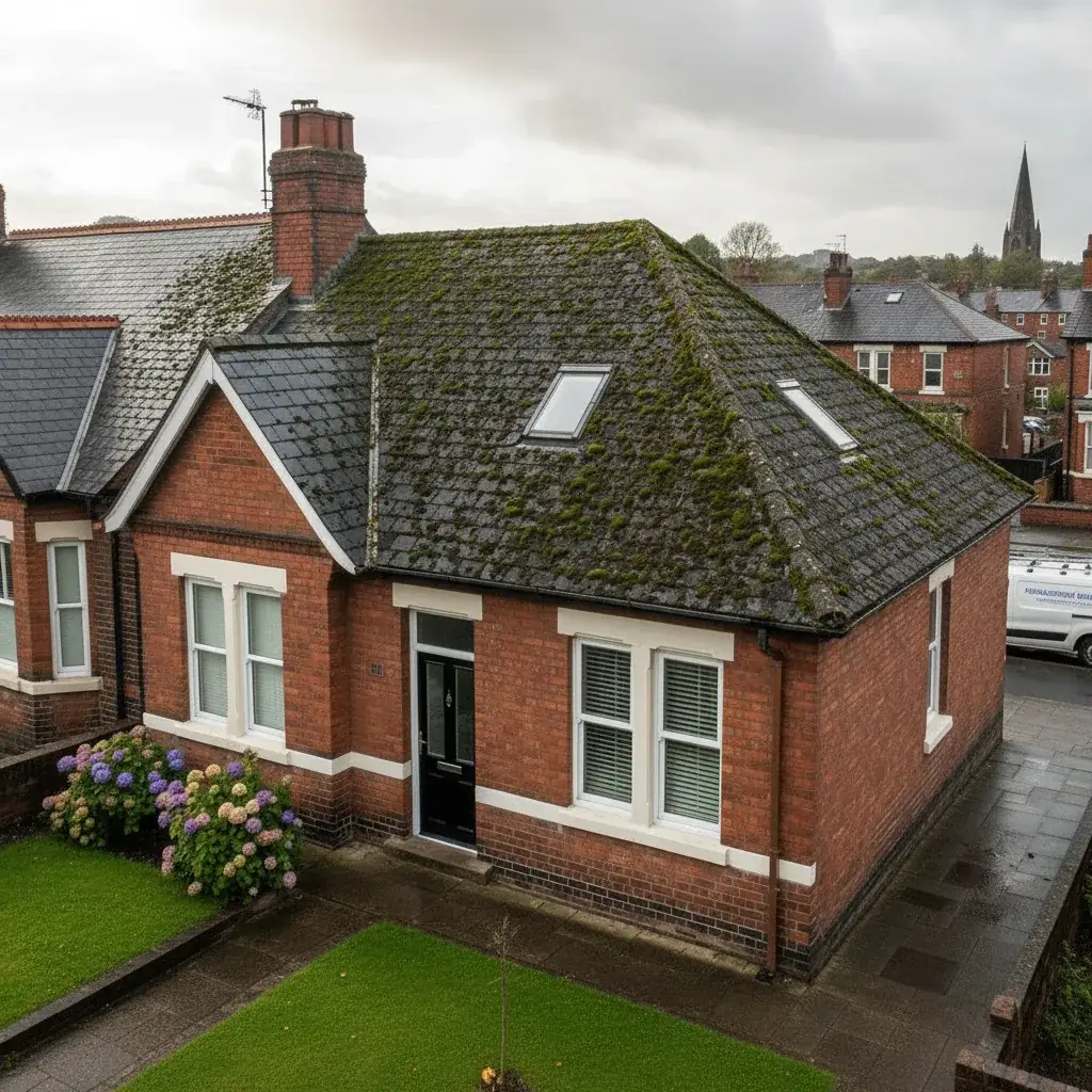 Red brick bungalow with mossy roof in Burton upon Trent